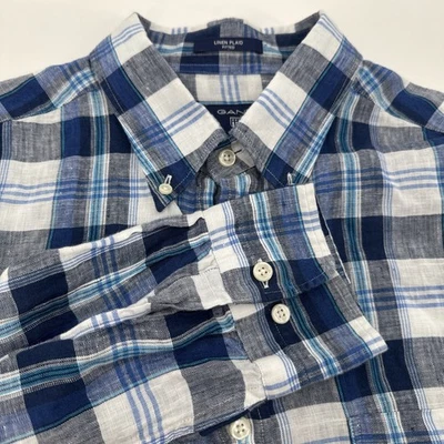 Camisa GANT Abotonada Talla Grande Para Hombre Lino A Cuadros Madras Azul y Blanco Ajustada Foto 1 de 4