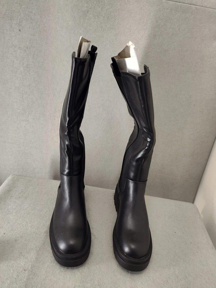 Shoedazzle Mujer Botas 9 Negras Hasta la Rodilla Gruesas Plataforma Elásticas Pull On Zapatos Foto 1 de 4