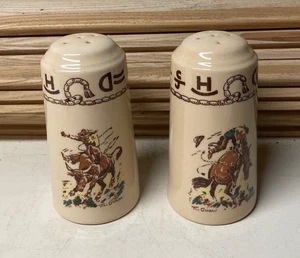 Vintage Wallace China WESTWARD HO Till Goodan Salt & Pepper Shakers Rodeo - Picture 1 of 6