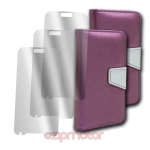 2 BRIEFTASCHE HÜLLE + DISPLAYSCHUTZFOLIE STÄNDER PU LEDER LILA GALAXY SIV S4 I9500 - Bild 1 von 2