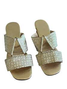 Vintage 50’s Bertlyn Women’s Metallic Gold Heels Slides Triangle Mod Wedding 8 - Picture 1 of 10