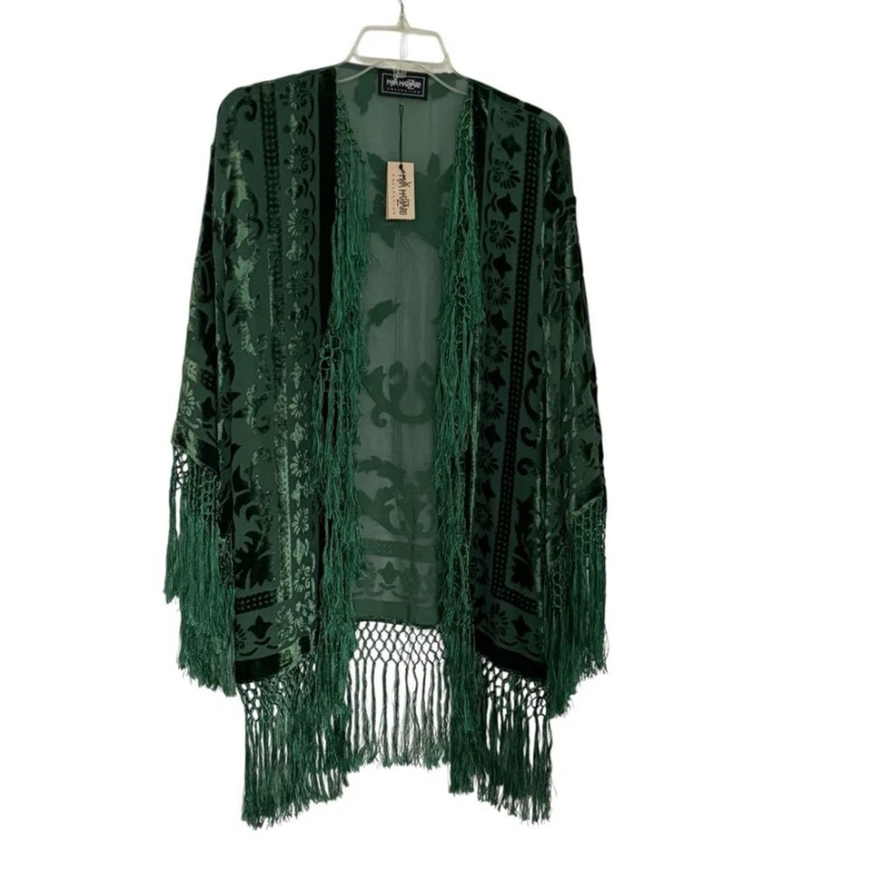 Chaqueta Kimono Maya Matazaro Terciopelo Verde Teñida a Mano Corta Nueva con Etiquetas Foto 1 de 4