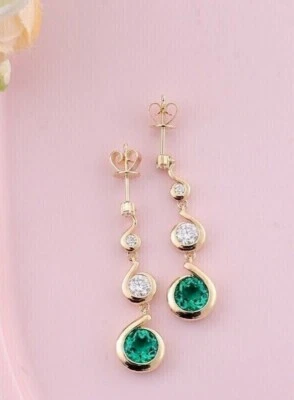 Round Cut Simulated Emerald Gorgeous Drop Dangle Earrings 14k Yellow Gold Plated - Image 1 of 4