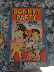 vintage 1930s Donkey Party game 16 tricks puzzles pin the tail