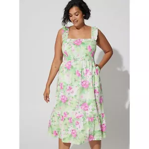 Abito torrid poplin con cinturino arricciacapelli a più livelli taglia 2X NUOVO tasca con stampa floreale verde rosa - Foto 1 di 11