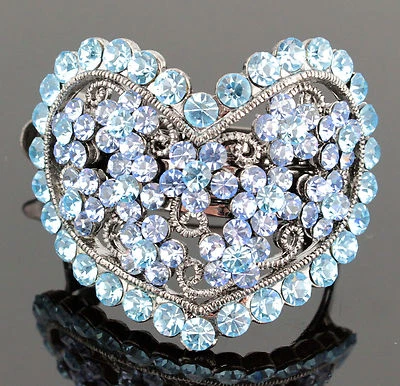 Clip de pasador de pelo de cristal con estrás austríaco azul corazón cola de caballo B105b Foto 1 de 4