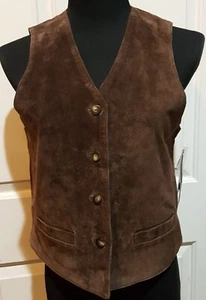 Chaleco ISDA & CO Marrón Chocolate Gamuza Genuina Abotonada Cuello en V con Bolsillo, S - Imagen 1 de 8
