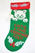 Vintage CATS Love CHRISTMAS Too CAT Kitten Kitty Gift STOCKING with Pom poms