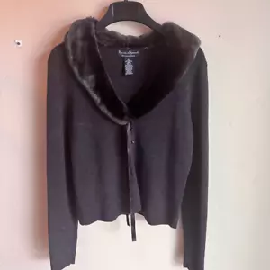 Mercer and Madison 100% Brown Italian Merino Wool Size Large Fur Collar Glam - Picture 1 of 6