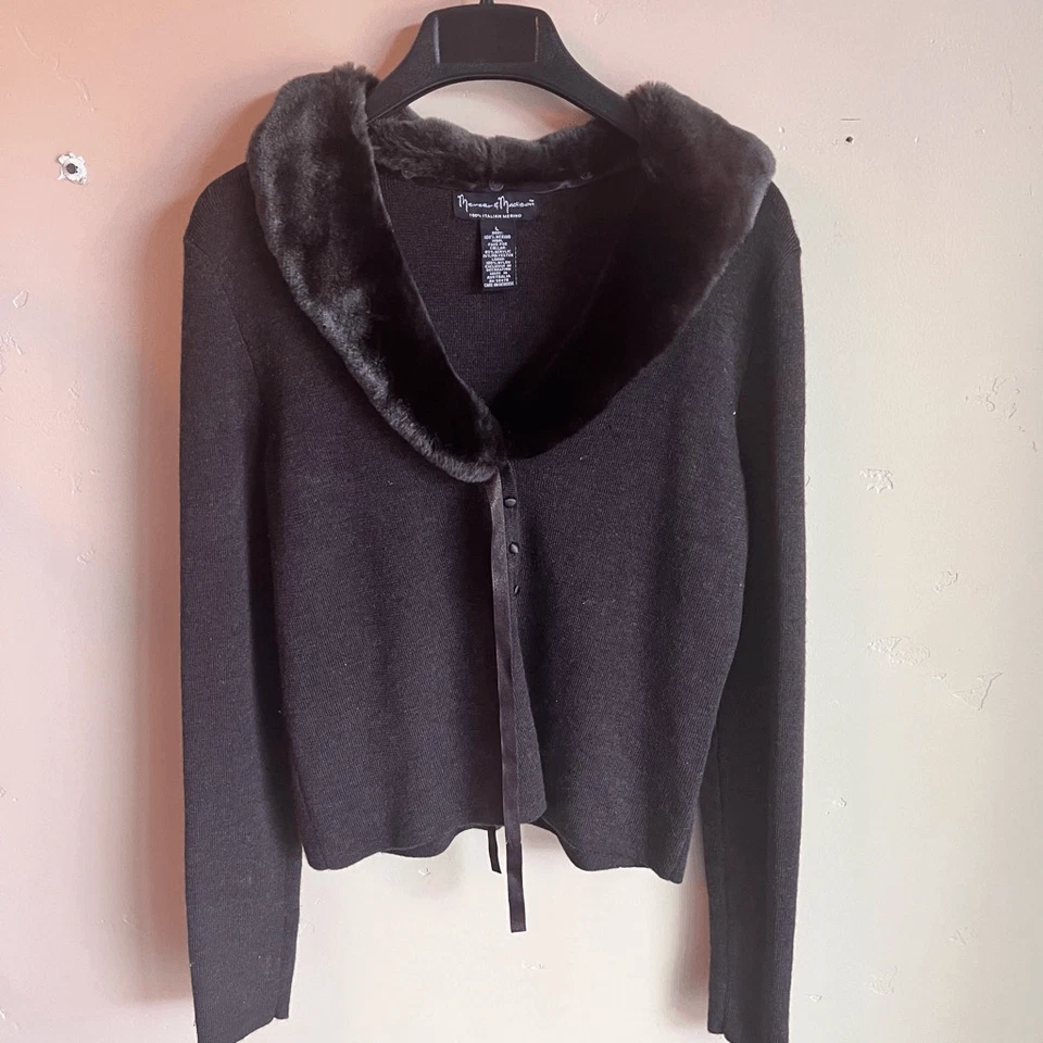 Mercer and Madison 100% Marrón Lana Merino Italiana Talla Grande Cuello de Piel Glamuroso Foto 1 de 4