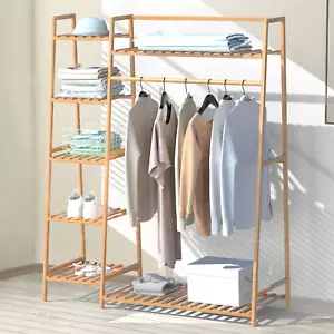 Bamboo Clothing Garment Rack,Free Standing Clothes Coat Hanger,Closet Organizer - Picture 1 of 9