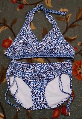 Traje de baño bikini 24th & Ocean 2 piezas para mujer azul blanco floral acanalado baño PEQUEÑO Foto 1 de 4
