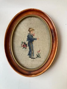 Gentleman with Flowers Needlepoint in Oval Frame - Picture 1 of 5