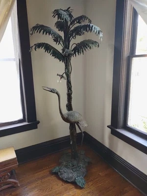 Lámpara de pie grande Art Nouveau grúa/cigüeña y palmera antigua europea Foto 1 de 4