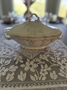 Antique Johnson Brothers Porcelain China Covered Casserole Dish White Gold - Picture 1 of 6