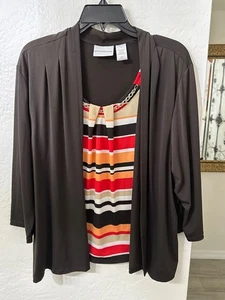 Alfred Dunner Womens Brown Cardigan & Striped Tank Top Set Chain Accent Large - Picture 1 of 5