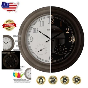 Oversized 24" Farmhouse Grey Oak Atomic Clock - Weatherproof with Temp Display - Picture 1 of 11