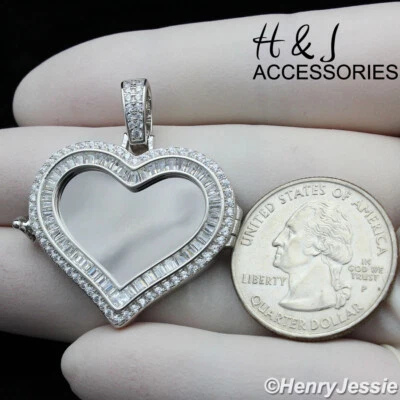 MEN WOMEN 925 STERLING SILVER ICY CZ SILVER 3D PHOTO LOCKET HEART PENDANT*ASP316 - Image 1 of 4