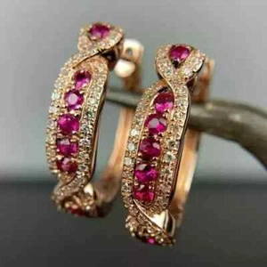 14K Rose Gold Plated 2Ct Round Cut Lab Created Ruby Women Wedding Hoop Earrings - Picture 1 of 9