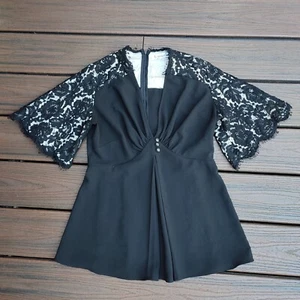 Libelula Black 100% Silk Lace Flared Sleeve Top Blouse • V Neck Buttons • 42 14 - Picture 1 of 9