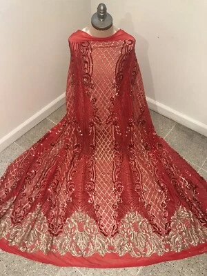 Red  Gold 4way Stretch Sequins Embroidered Lace  Fabric 50” Width 1 Yard - image 1 of 3
