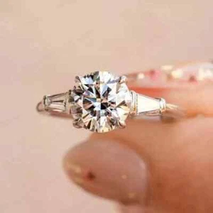 3CT Round & Baguette Cut Lab Created Diamond Wedding Ring 14K White Gold Plated - Picture 1 of 6