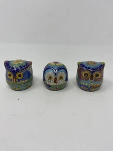 2 Zoll alte chinesische Kupfer Cloisonne Adler Vogel Eule Box Statue Skulptur 3er Set - Bild 1 von 9