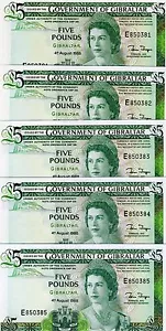 LOTE GIBRALTAR, 5 x 5 libras, 1988, P-21 (21b), QEII, UNC - Imagen 1 de 1