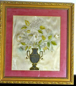 Framed Antique 19th C. English Silk Hand Embroidered Flower Vase  UU801 - Picture 1 of 8