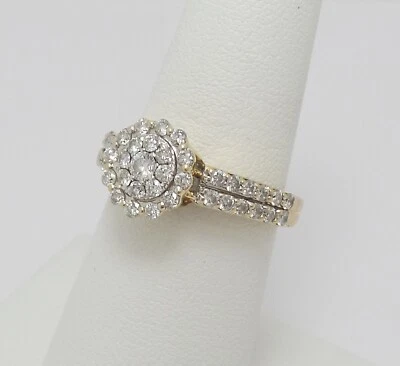 Anillo de compromiso nupcial de oro amarillo de 14 quilates con marco de halo de diamantes naturales de 1 quilate Foto 1 de 4