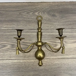 Vintage Messing Doppelarm Kerzenständer Wandleuchter mit Seil & Quasten - Bild 1 von 11