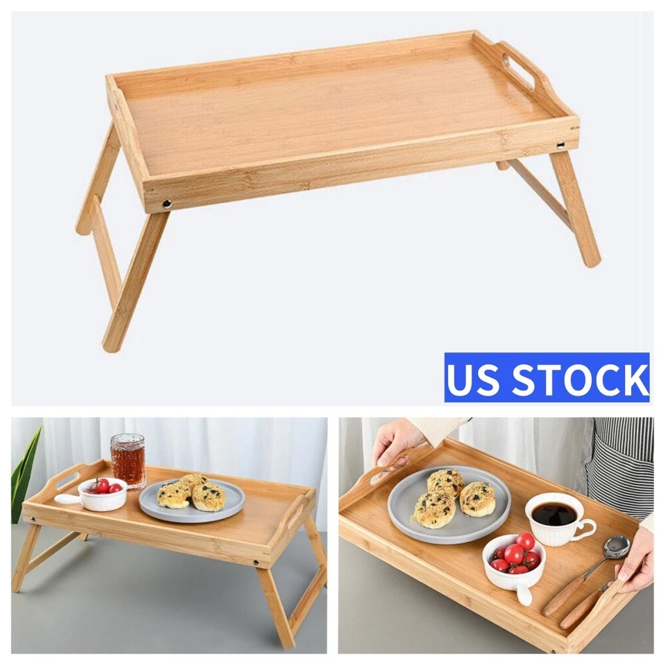 Bamboo Bed Tray Lap W/ Folding Legs Rest Serving Tray Breakfast Laptop Table USA - Image 1 of 4