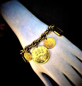 PULSERA ESLABÓN MONEDA EXTRANJERA DORADA VINTAGE AÑOS 80  - Imagen 1 de 5