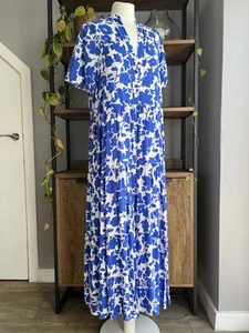 Zara Summer Midi Dress L / UK 12 14 Blue & White Floral Tiered Smock - Picture 1 of 10