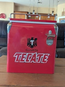 Vtg Tecate Beer Cooler Insulated Red Metal Exterior Removable Lid Metal Handle - Picture 1 of 16