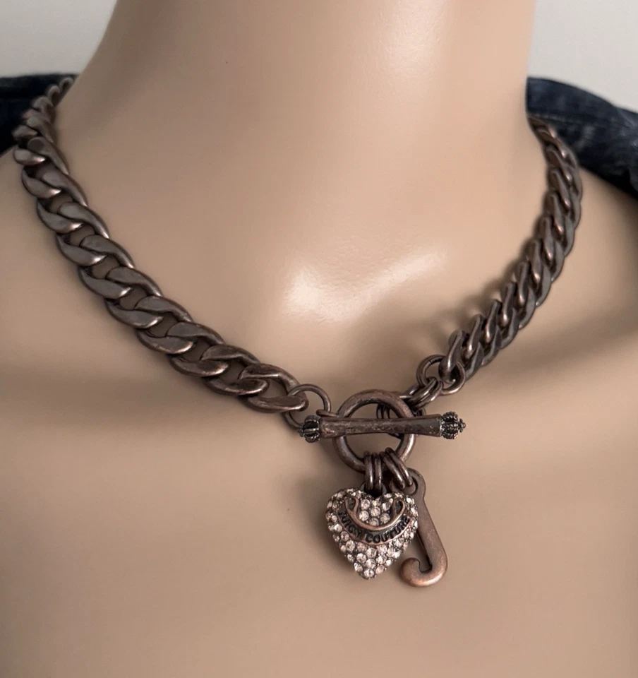 Vintage Juicy Couture Rose Pink Pave Crystal Heart Toggle Charm Necklace Y2K - Image 1 of 4