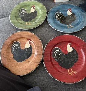 Rooster Salad Plates 1999 Warren Kimble Sakura Farmhouse Chickens Set of 4 - Picture 1 of 9