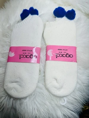 NOS Vtg Pom Pom Ankle Sport Socks Embroidered Womens Kidcore Blue Poms 2 Pair - Image 1 of 4