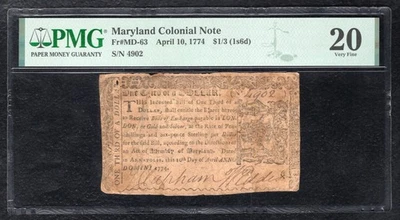 MD-63 APRIL 10, 1774 $1/3 ONE THIRD DOLLAR MARYLAND COLONIAL NOTE PMG VF-20 - Image 1 of 2