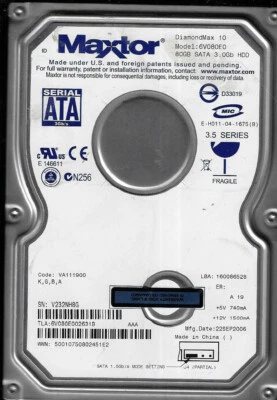 Maxtor 6V080E002633A DiamondMax 10 80GB 7200RPM SATA 3Gb/s 8MB Cache ML3 88090 - Immagine 1 di 3