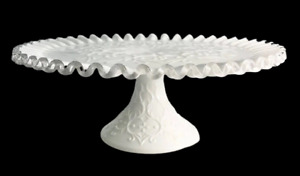 Fenton Milk Glass Pedestal Cake Plate Silver Crest Spanish Lace 11”