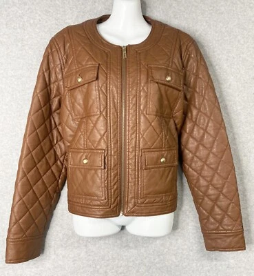 Jaqueta de couro sintético Tommy Hilfiger marrom sem colarinho motociclista zíper botões dourados tamanho LG - Imagem 1 de 4