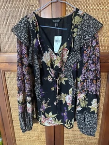 Blusa para mujer Lauren Ralph Lauren negra con volantes florales multicolor XL. Nuevo con etiquetas - Imagen 1 de 10