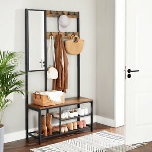 Rustic Brown Metal Wooden Hall Tree Storage Stand Mirror Entry Bench Coat Rack