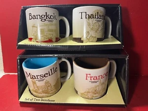 TWO SETS OF DEMITASSE COFFEE MUGS, 2018.  MARSEILLE FRANCE, & BANGKOK THAILAND. - Picture 1 of 11