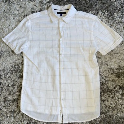 Vince Camuto Shirt Mens Medium Cream Checkered Button Front Lightweight Casual - Image 1 of 4