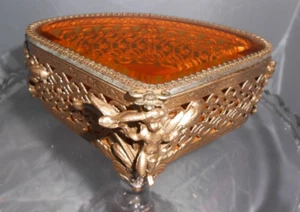 VINTAGE ORMOLU FILIGREE jewelry BOX HOLDER heart cherubs angels casket VANITY - Picture 1 of 6