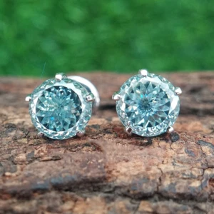 4.00 TCW Round Cut Blue Portuguese Moissanite Earring 14k White Gold Plated - Picture 1 of 5