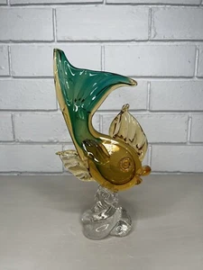 VTG Murano Sommerso Glass Amber Green Fish On Clear Spiral Wave Base - Italy - Picture 1 of 8
