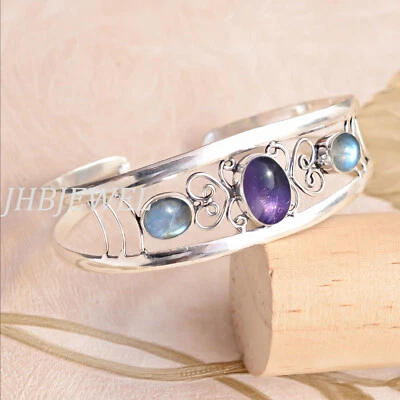 Labradorite & Amethyst Gemstone 925 Sterling Silver Bangle Cuff Latest Jewelry - Image 1 of 4